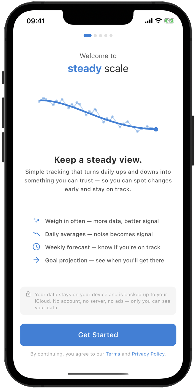 Welcome screen with a small trend chart and the subtitle: Simple tracking that turns daily ups and downs into something you can trust.