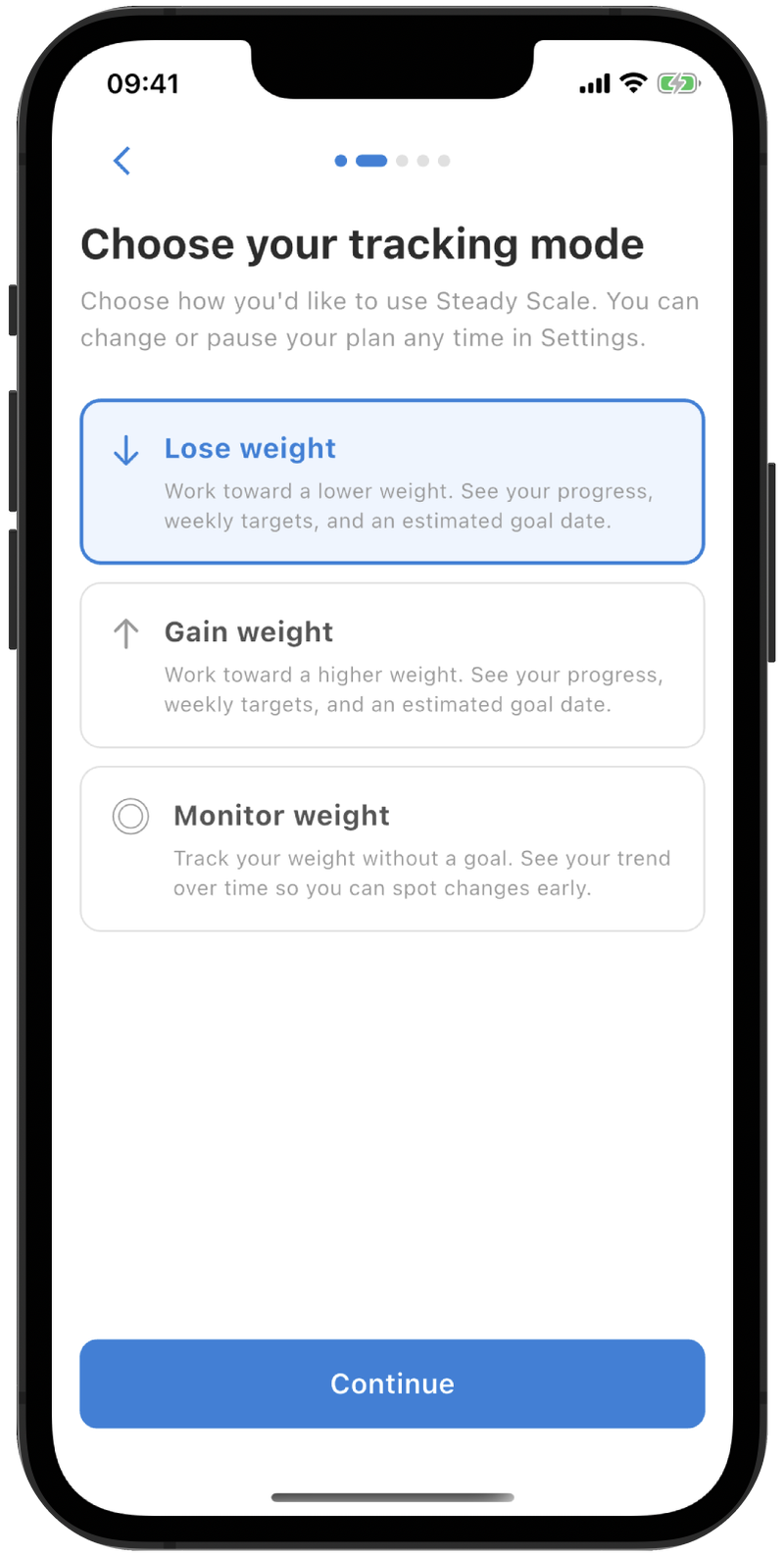 Tracking mode selection: Lose weight, Gain weight, or Monitor weight.