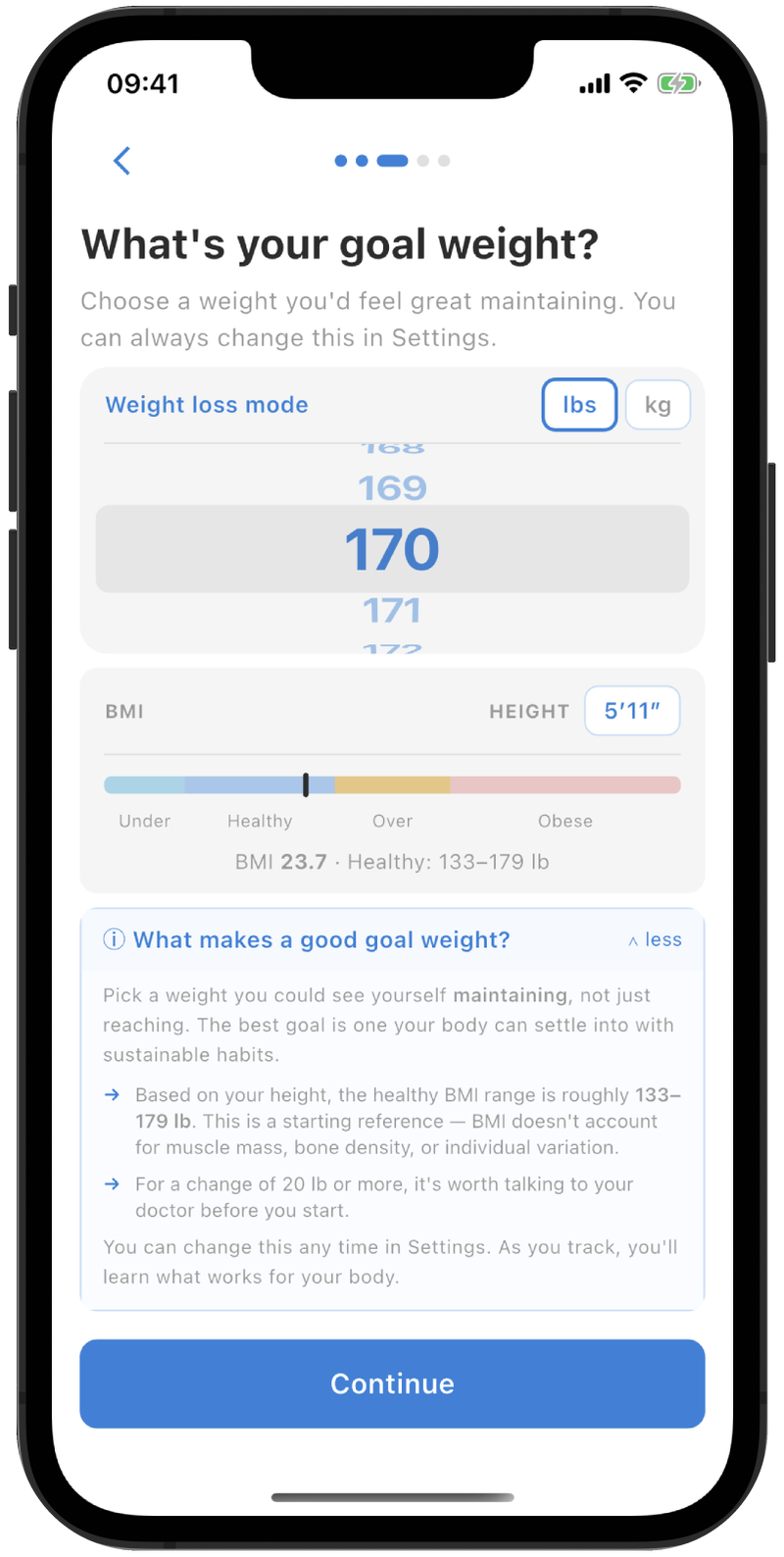 Goal weight picker with a BMI bar and an expandable card titled What makes a good goal weight.