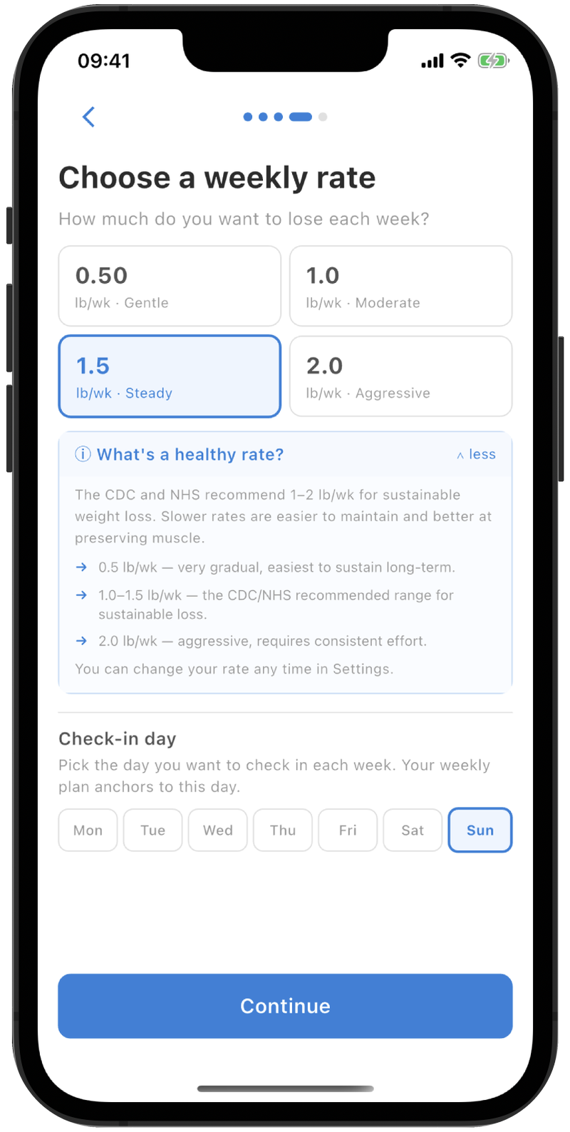 Weekly rate picker with four presets (0.5, 1.0, 1.5, 2.0 lb per week) and a day-of-week check-in selector.