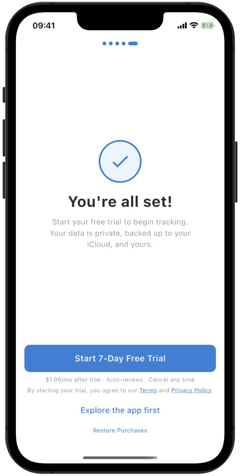 Completion screen with a checkmark, You're all set heading, and a Start 7-Day Free Trial button.